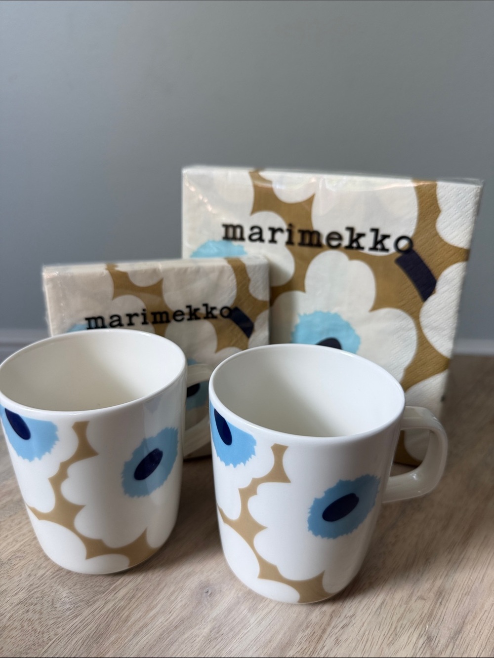 Marimekko White, Blue & Beige Unikko Pattern Ceramic Mugs - Set of 2